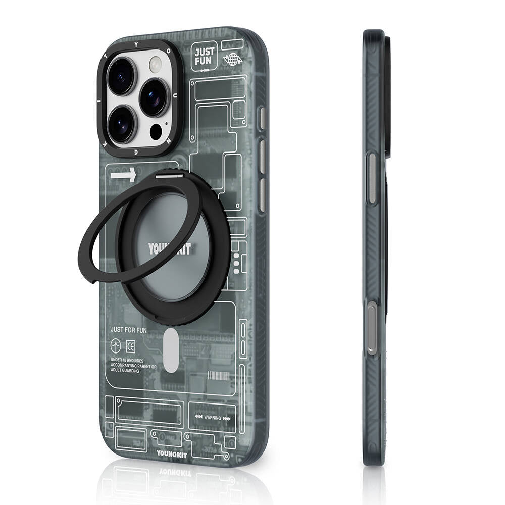 YOUNGKİT iPhone 16 Pro Max Magsafe Şarj Özellikli 360° Standlı Technology Serisi Gri Kılıf