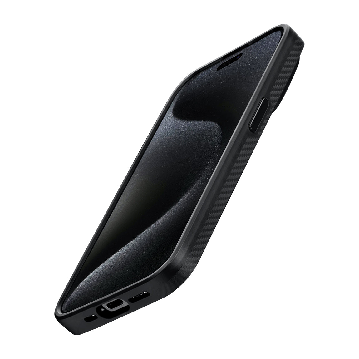 PİTAKA Magsafe Şarj Özellikli İPhone 15 Pro Max 600D Aramid Fiber Military-Grade Classic Serisi Black-Grey Twill Kapak