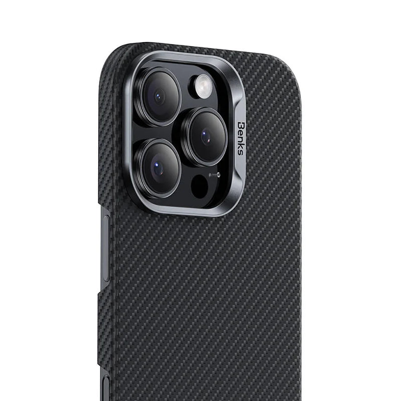 Apple iPhone 16 Pro Max Kılıf Benks M-safe Şarj Özellikli Metal Kamera Çerçeveli Magnetik ArmorAir 600D Kevlar Fiber Kapak Siyah