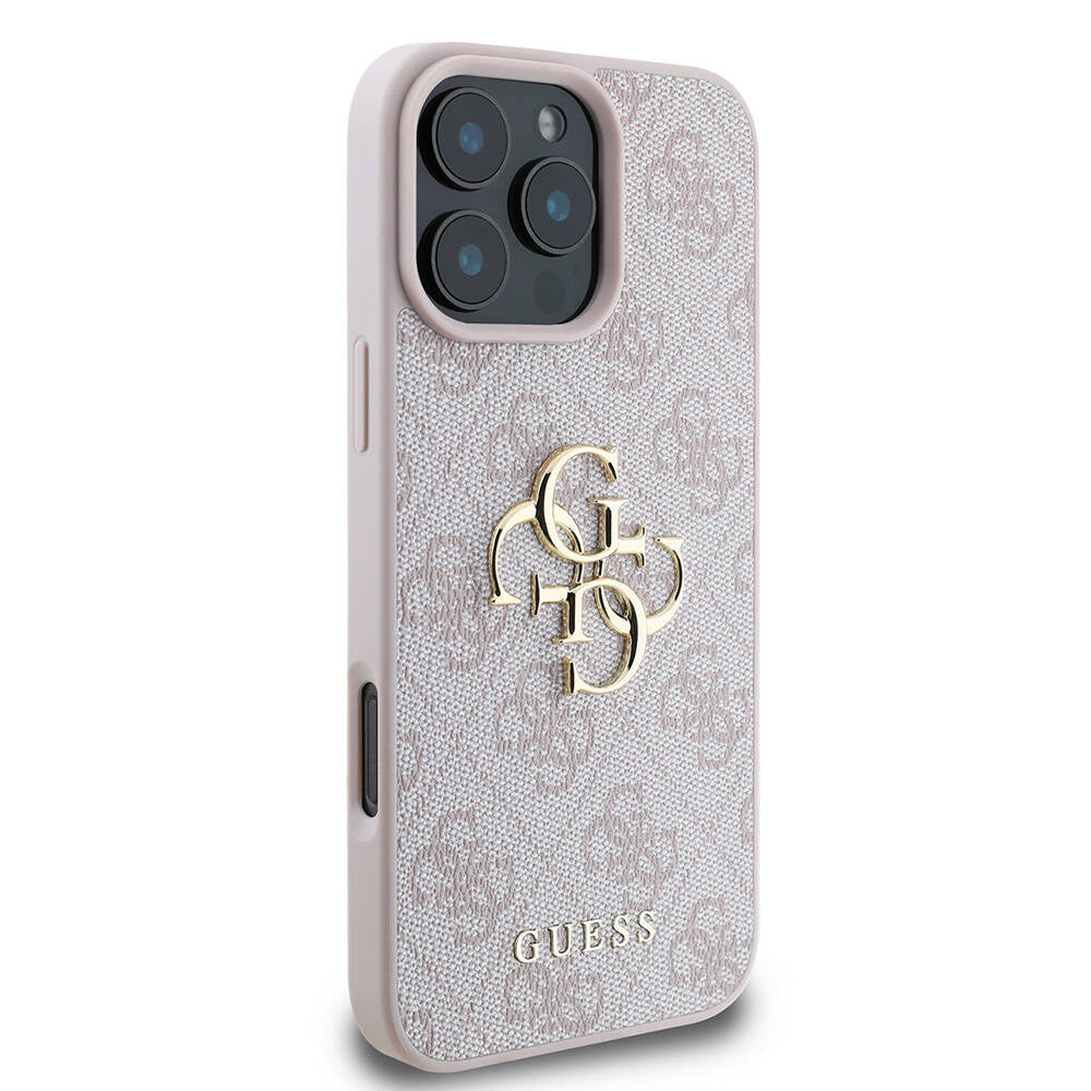 GUESS Orjinal Lisanslı iPhone 16 Pro PU Deri 4G Desenli Metal Büyük 4G ve Yazı Logolu Pembe Kılıf