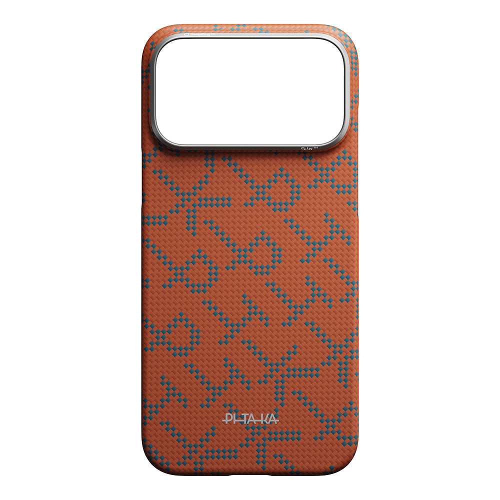 Apple iPhone 17 Pro Kılıf M-safe Şarj Özellikli Aramid Fiber Pitaka Tactile Woven Monogram Serisi Kapak Mavi-Turuncu