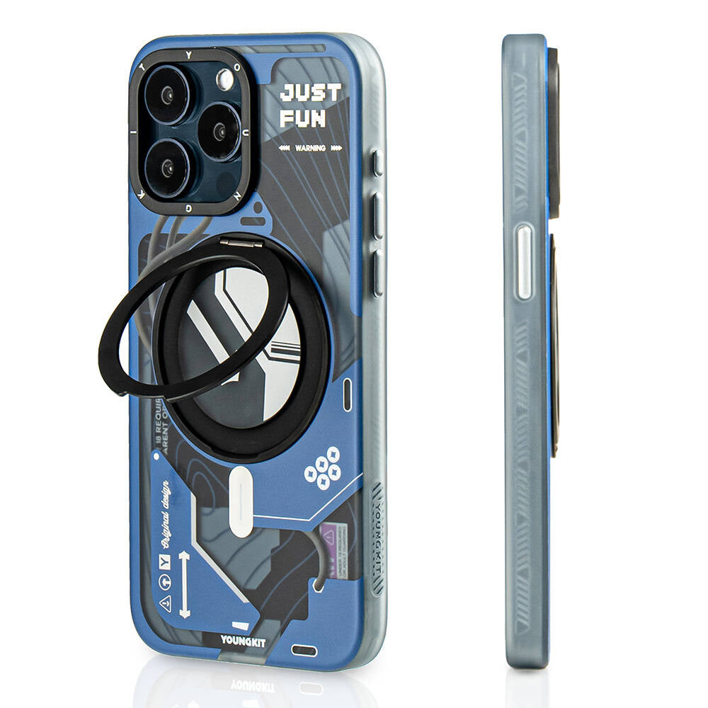 YOUNGKIT iPhone 15 Pro Magsafe Şarj Özellikli 360° Standlı Starship Serisi Mavi Kılıf