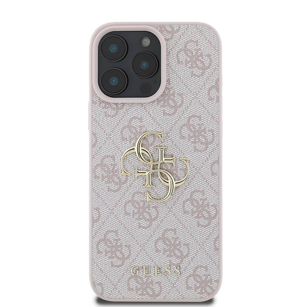 GUESS Orjinal Lisanslı iPhone 16 Pro PU Deri 4G Desenli Metal Büyük 4G ve Yazı Logolu Pembe Kılıf