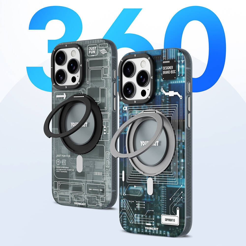 YOUNGKİT iPhone 16 Pro Max Magsafe Şarj Özellikli 360° Standlı Technology Serisi Mavi Kılıf