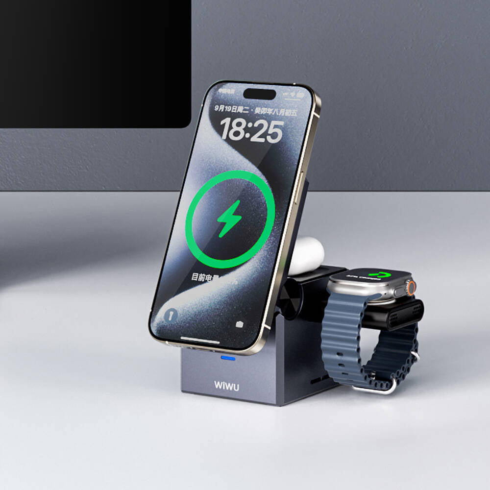 WİWU Wi-W030 Small Square Küp Tasarımlı Telefon & Akıllı Saat & Kulaklık İçin 15W 3in1 Kablosuz Şarj Standı