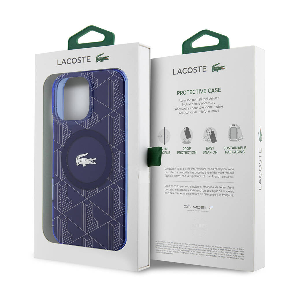 LACOSTE iPhone 16 Pro Orjinal Lisanslı Magsafe Şarj Özellikli IML Baskılı Gümüş Timsah Logolu Monogram Lacivert Kılıf