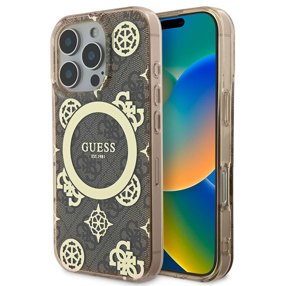 GUESS iPhone 16 Pro Guess Orjinal Lisanslı Magsafe Şarj Özellikli IML Peony ve 4G Desenli Klasik Logolu Kahverengi Kılıf