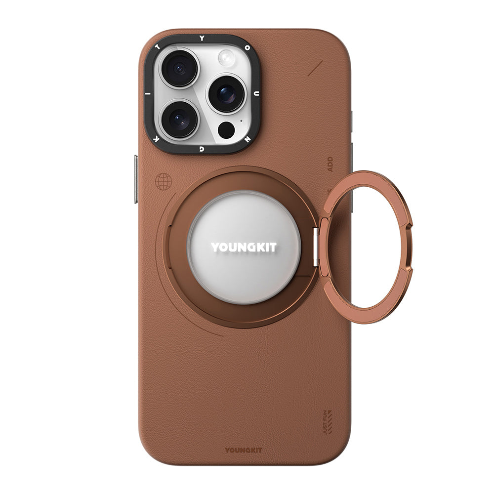 YOUNGKİT iPhone 15 Pro Magsafe Uyumlu 360° Standlı Tech Leather Kahverengi Kılıf