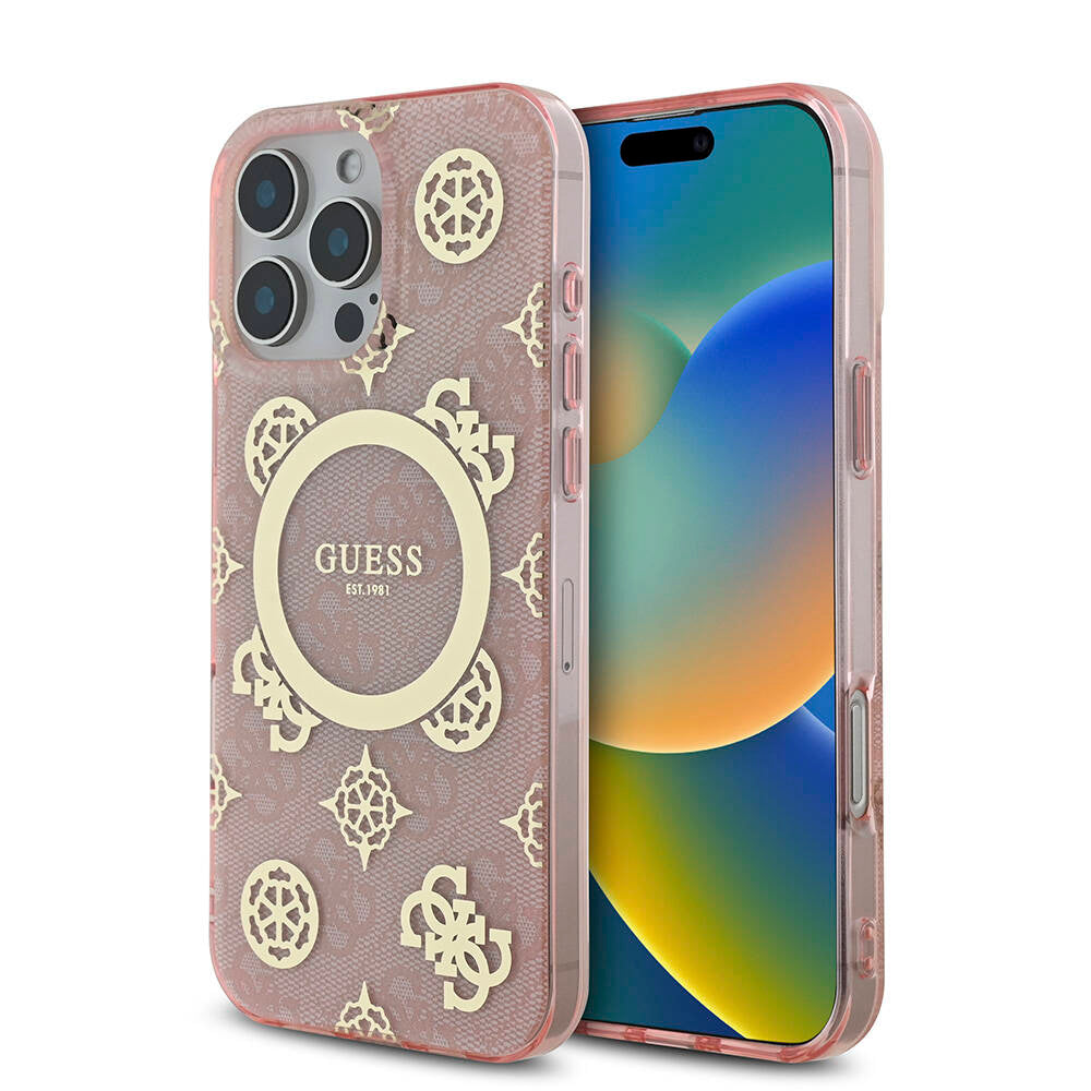 GUESS iPhone 16 Pro Guess Orjinal Lisanslı Magsafe Şarj Özellikli IML Peony ve 4G Desenli Klasik Logolu Pembe Kılıf