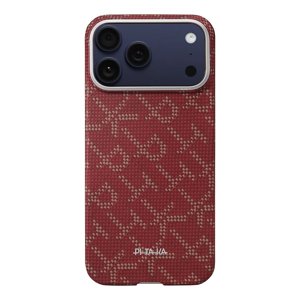 Apple iPhone 17 Pro Kılıf M-safe Şarj Özellikli Aramid Fiber Pitaka Tactile Woven Monogram Serisi Kapak Kırmızı