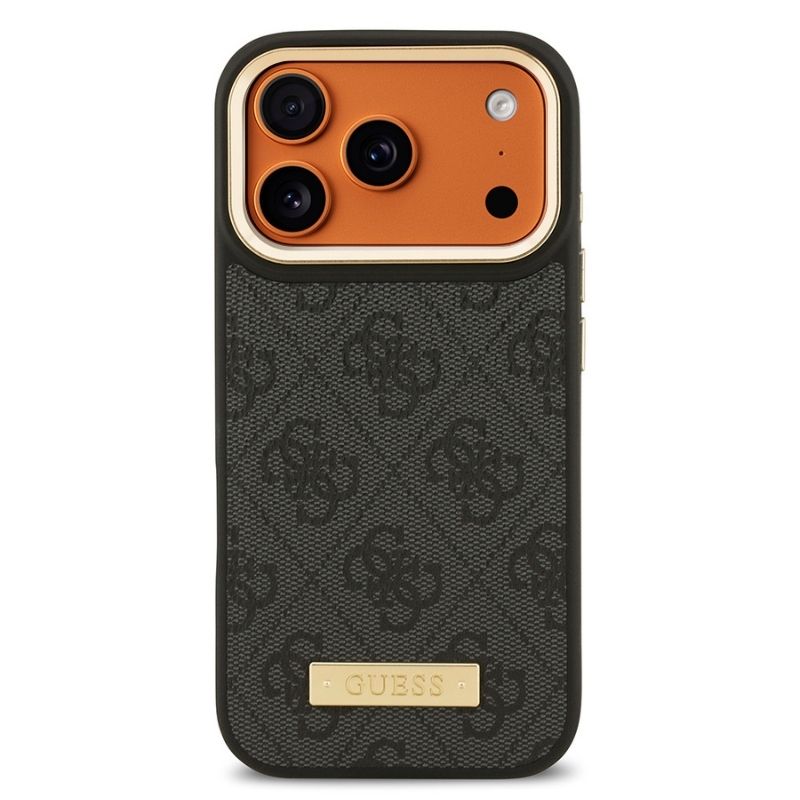 Apple iPhone 17 Pro Kılıf Guess Orjinal Lisanslı M-safe Şarj Özellikli 4G Desenli PU Metal Plaka Klasik Logolu Kapak Siyah