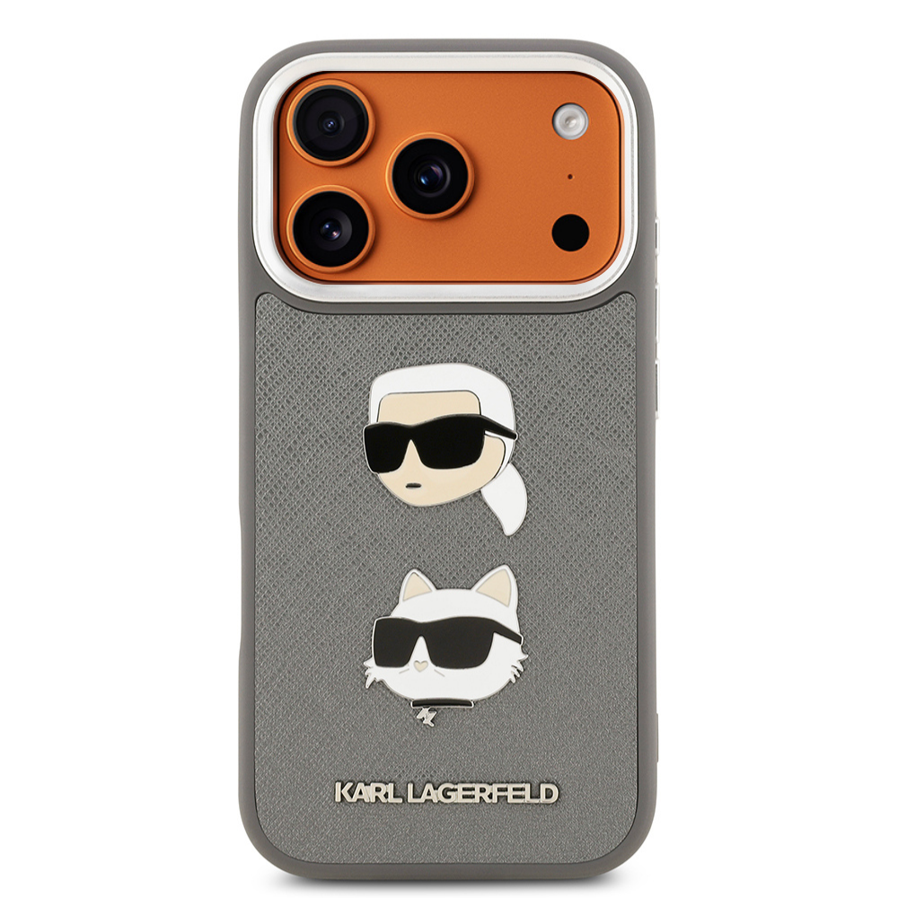 Apple iPhone 17 Pro Max Kılıf Karl Lagerfeld Orjinal Lisanslı Metal Logolu K&C Heads Pin Kapak Gri