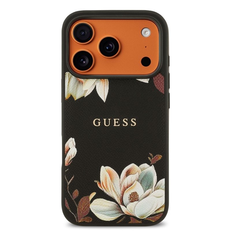 Apple iPhone 17 Pro Kılıf Guess Orjinal Lisanslı M-safe Şarj Özellikli Taneli Çiçek Tasarımlı Metal Yazı Logolu Kapak Siyah