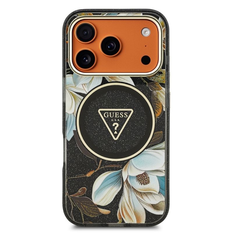 Apple iPhone 17 Pro Kılıf Guess Orjinal Lisanslı M-safe Şarj Özellikli Simli Çiçek Desenli Metal Kamera Çerçeveli Üçgen Logolu Kapak Siyah