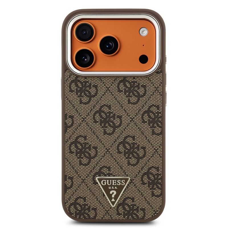 Apple iPhone 17 Pro Kılıf Guess Orjinal Lisanslı M-safe Şarj Özellikli Gümüş Metal Kamera Çerçeveli Üçgen Logo 4G Desenli Kapak Kahverengi