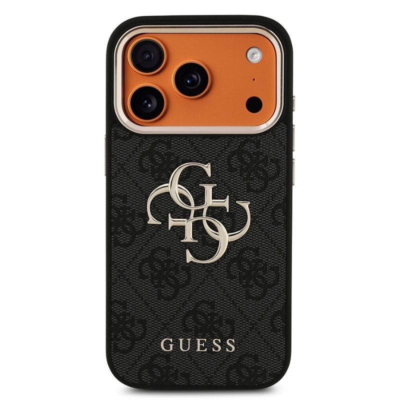 Apple iPhone 17 Pro Kılıf Guess Orjinal Lisanslı Gold Metal Kamera Çerçeveli 4G Desenli Metal Büyük 4G ve Yazı Logolu Kapak Siyah