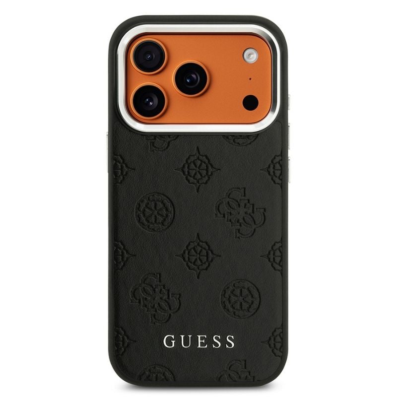 Apple iPhone 17 Pro Kılıf Guess Orjinal Lisanslı M-safe Şarj Özellikli Sıcak Baskılı Klasik Yazı Logolu PU Deri Peony Kapak Siyah