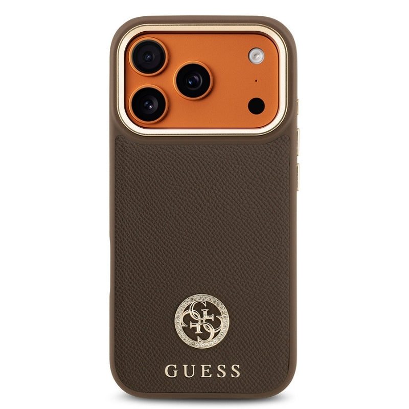 Apple iPhone 17 Pro Kılıf Guess Orjinal Lisanslı M-safe Şarj Özellikli Grained Yazı ve Taşlı 4G Logolu Kapak Kahverengi