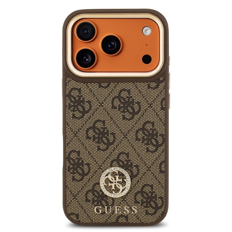 Apple iPhone 17 Pro Kılıf Guess Orjinal Lisanslı M-safe Şarj Özellikli Gold Metal Kamera Çerçeveli Taşlı 4G Logolu Kapak Kahverengi