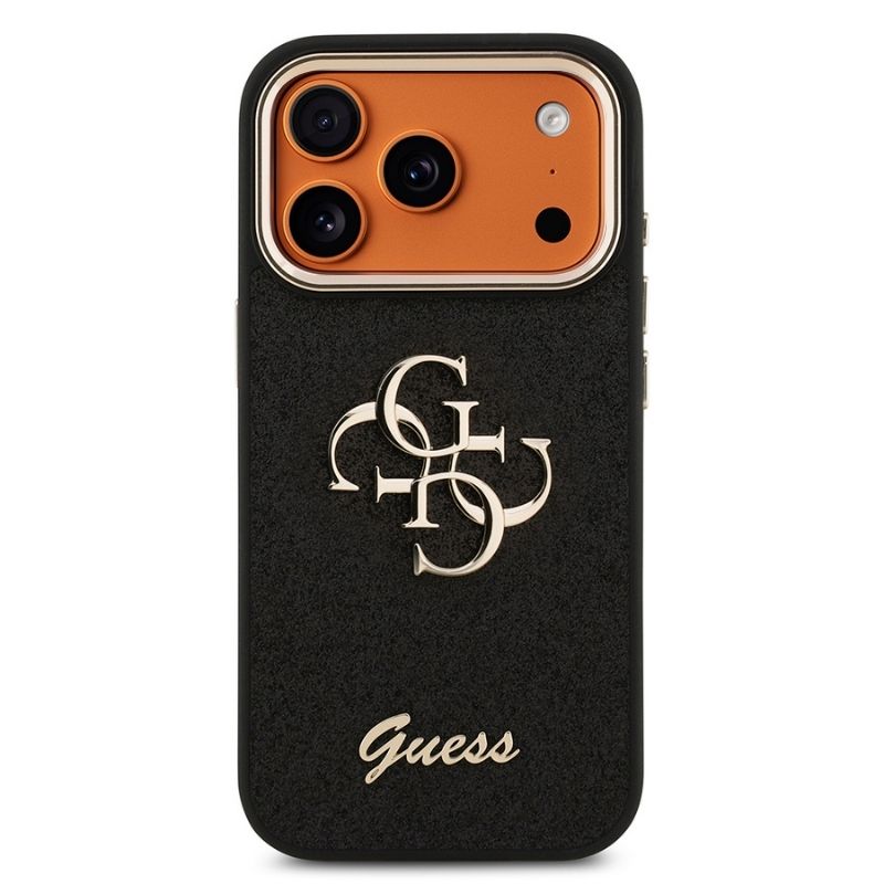 Apple iPhone 17 Pro Kılıf Guess Orjinal Lisanslı 4G Büyük Metal Kamera Çerçeveli ve Logolu Glitter Kapak Siyah