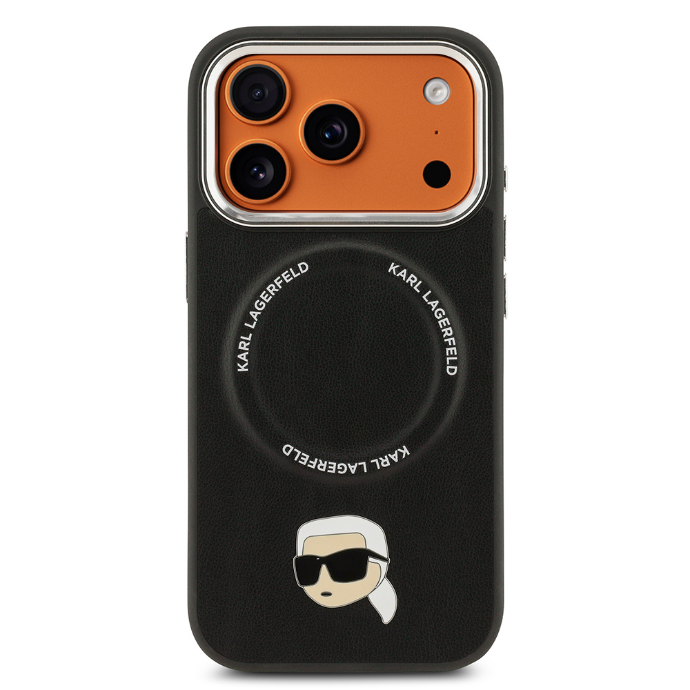 Apple iPhone 17 Pro Max Kılıf Karl Lagerfeld Orjinal Lisanslı M-safe Şarj Özellikli Metal Kamera ve Buton Tasarımlı Karl PU Deri Kapak Siyah