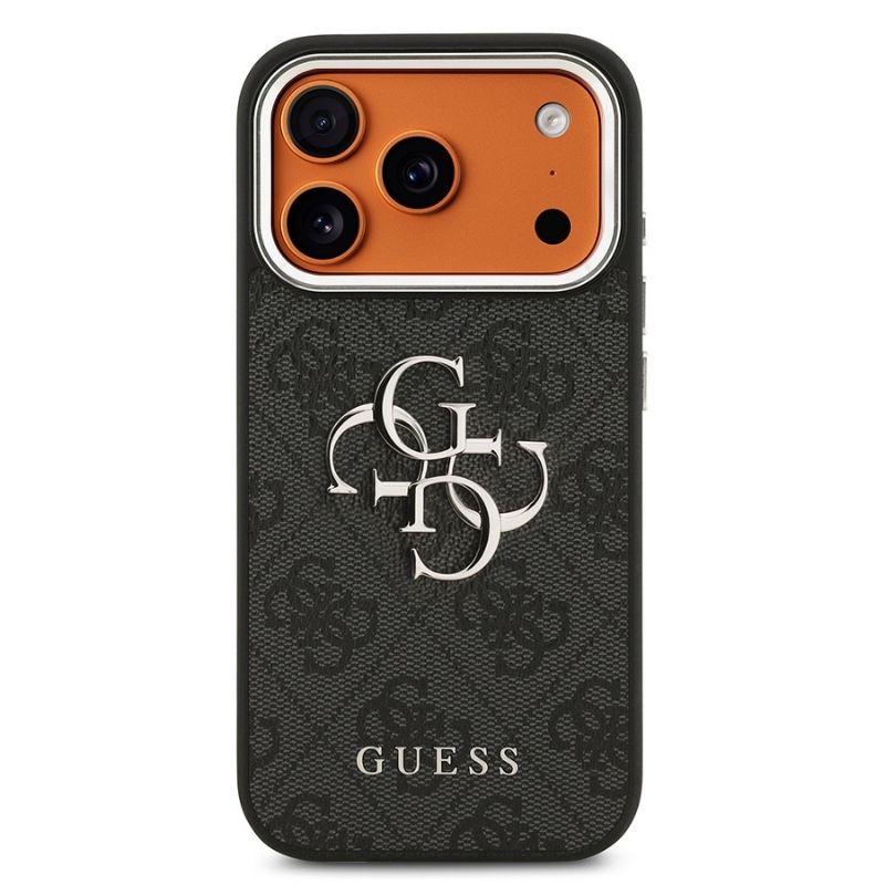 Apple iPhone 17 Pro Kılıf Guess Orjinal Lisanslı Gümüş Metal Kamera Çerçeveli 4G Desenli Metal Büyük 4G ve Yazı Logolu Kapak Siyah