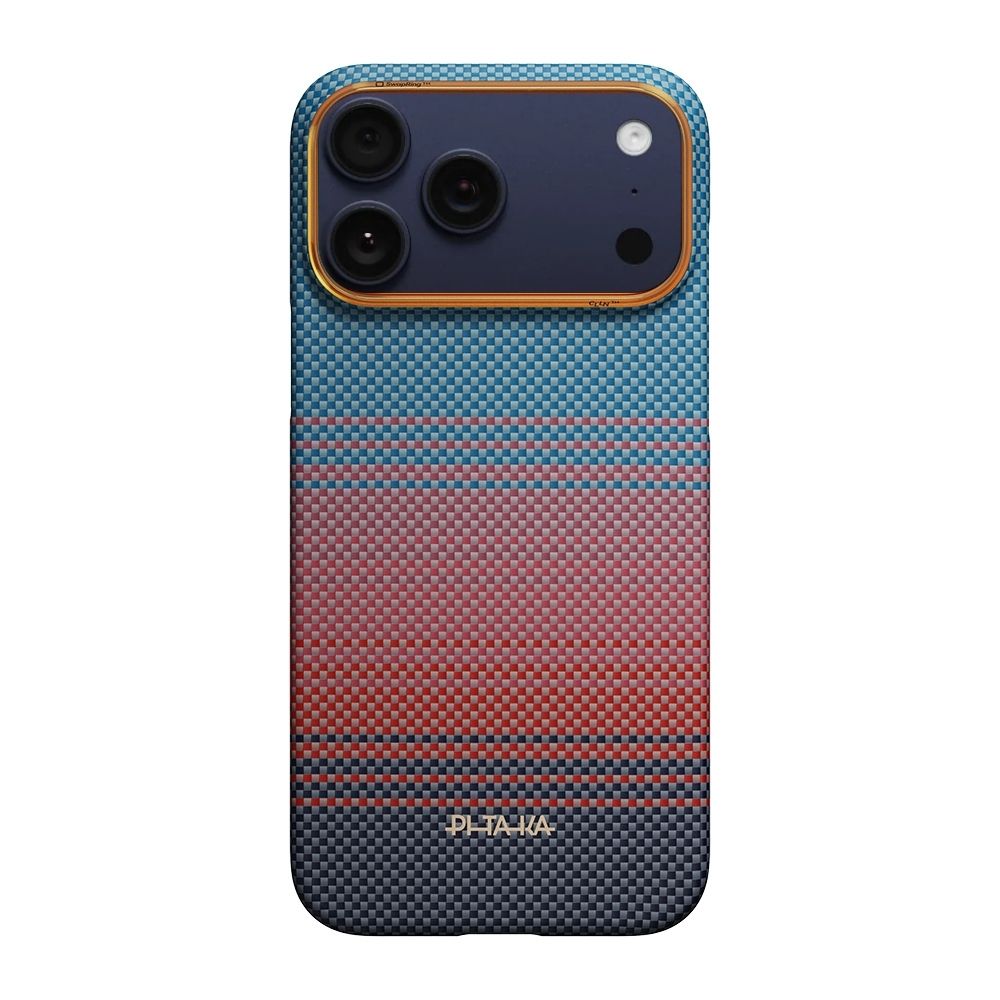 Apple iPhone 17 Pro Max Kılıf M-safe Şarj Özellikli Aramid Fiber Pitaka Sunset 2.0 California Dream Serisi Kapak Mavi-Kırmızı