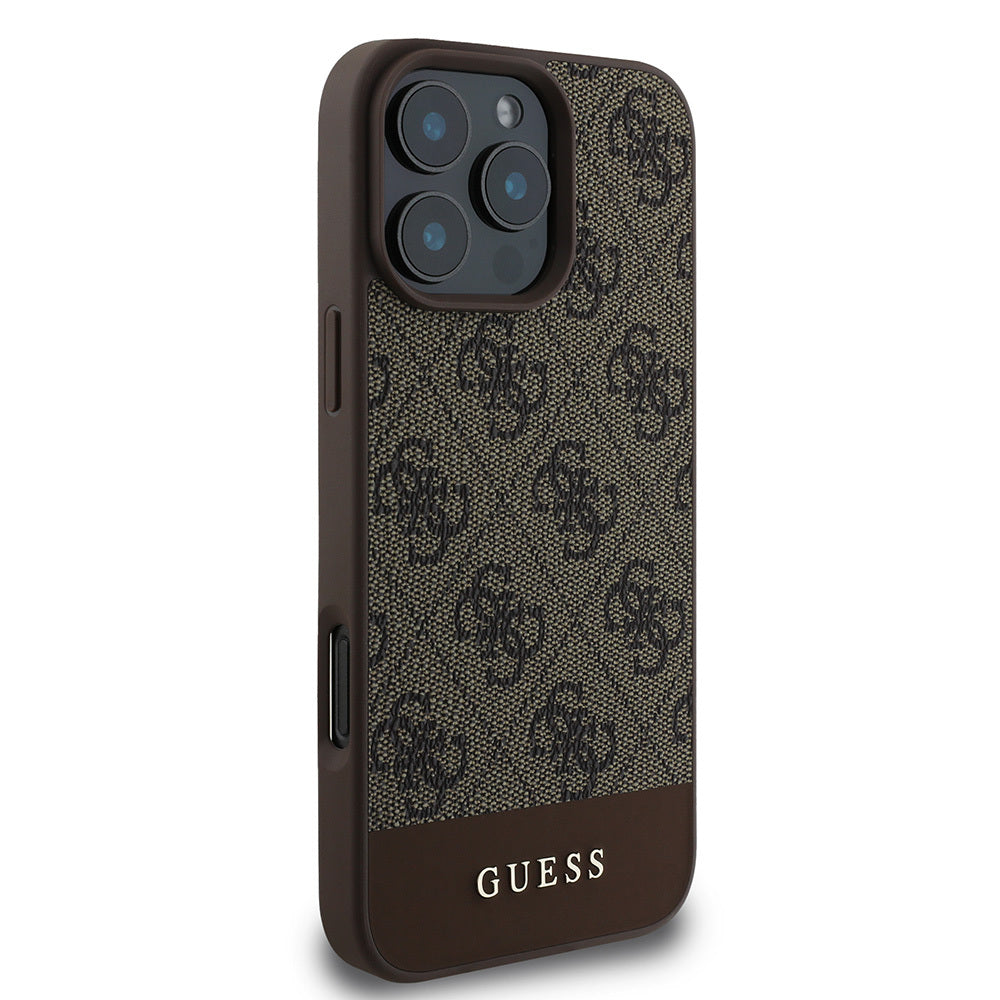 GUESS iPhone 16 Pro Max Orjinal Lisanslı Magsafe Şarj Özellikli PU Deri Şerit Logo Dizaynlı Kahverengi Kılıf