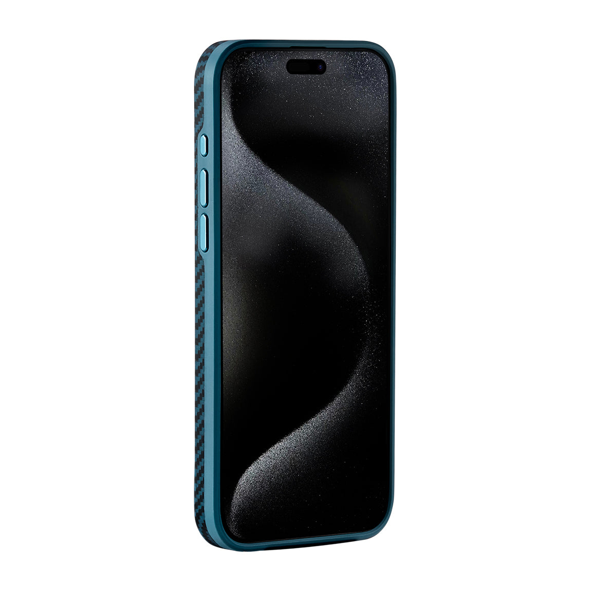 PİTAKA Magsafe Şarj Özellikli İPhone 15 Pro Max 1500D Aramid Fiber Military-Grade Classic Serisi Black-Grey Twill Mavi Kılıf