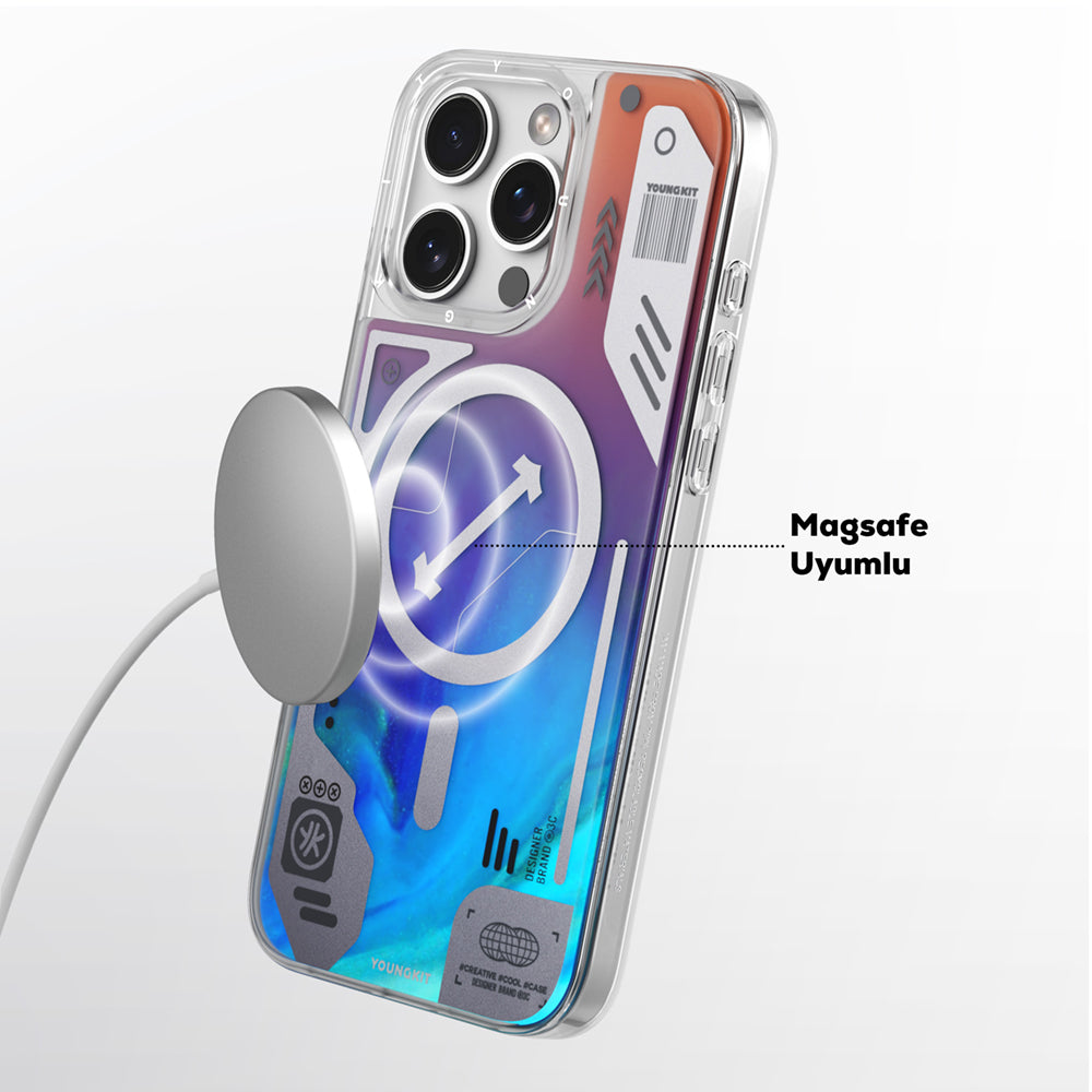 YOUNGKİT iPhone 16 Pro Max Magsafe Şarj Özellikli Parlak Kumlu Sıvılı Tasarımlı Galaxy Fantasy Serisi Mavi Kılıf