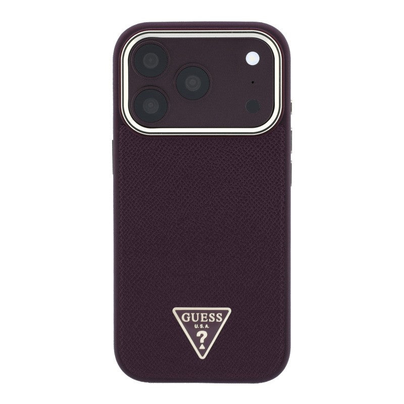 Apple iPhone 18 Pro Kılıf Guess Orjinal Lisanslı M-safe Şarj Özellikli Grained Triangle Kapak Bordo