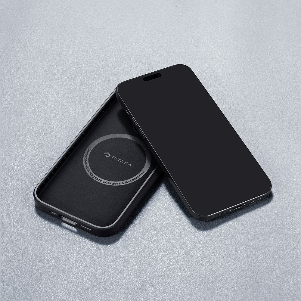 PİTAKA Magsafe Şarj Özellikli İPhone 15 Pro Max 600D Aramid Fiber Military-Grade Classic Serisi Black-Grey Twill Kapak