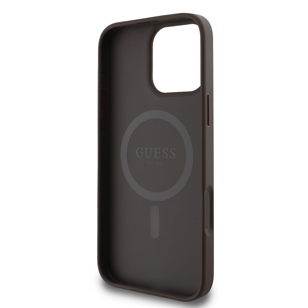 GUESS iPhone 16 Pro Max Orjinal Lisanslı Magsafe Şarj Özellikli PU Deri Şerit Logo Dizaynlı Kahverengi Kılıf