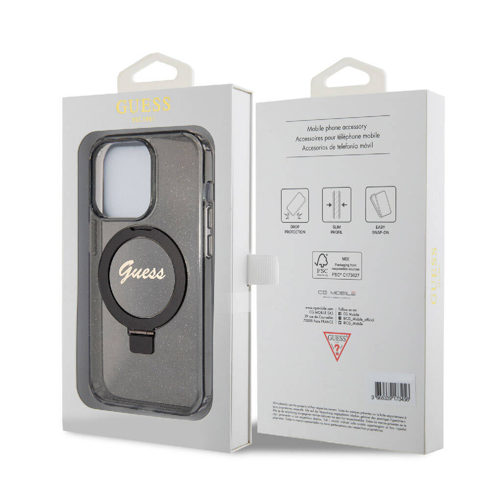 Guess Orjinal Lisanslı Magsafe Şarj Özellikli Simli Arka Yüzey Ring Standlı Siyah Kapak - enzaksesuar