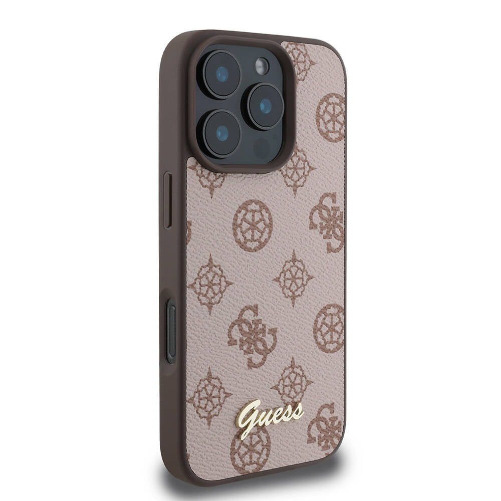 GUESS iPhone 16 Pro Orjinal Lisanslı Magsafe Şarj Özellikli Yazı Logolu Peony Kahverengi Kılıf