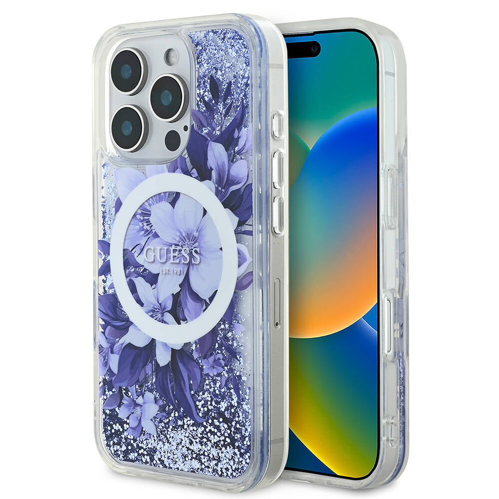 GUESS iPhone 16 Pro Max Orjinal Lisanslı Magsafe Şarj Özellikli Sıvılı Simli Çiçek Desenli Mor Kılıf