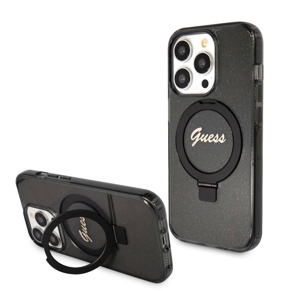 Guess Orjinal Lisanslı Magsafe Şarj Özellikli Simli Arka Yüzey Ring Standlı Siyah Kapak - enzaksesuar