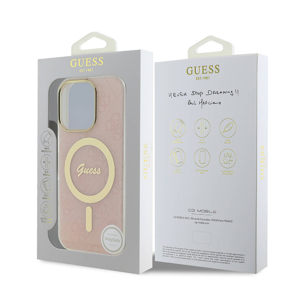 GUESS Orjinal Lisanslı iPhone 16 Pro Orjinal Lisanslı Magsafe Şarj Özellikli Yazı Logolu 4G Desenli Pembe Kılıf