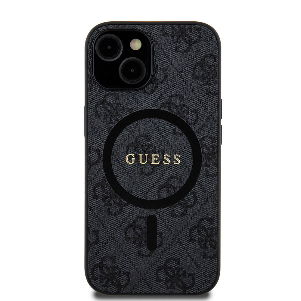 GUESS iPhone 14 Orjinal Lisanslı Magsafe Şarj Özellikli 4G Desenli Yazı Logolu Siyah Kılıf