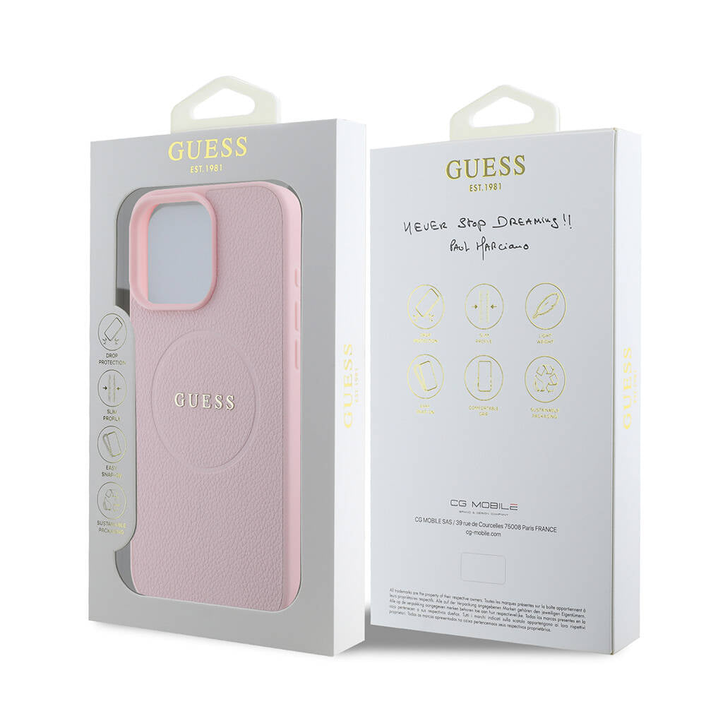 GUESS Orjinal Lisanslı iPhone 16 Pro Max Orjinal Lisanslı Magsafe Şarj Özellikli Yazı Logolu Grained Pembe Kılıf