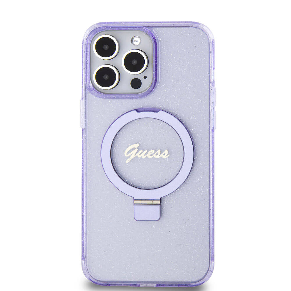 Guess Orjinal Lisanslı Magsafe Şarj Özellikli Simli Arka Yüzey Ring Standlı Mor Kapak - enzaksesuar