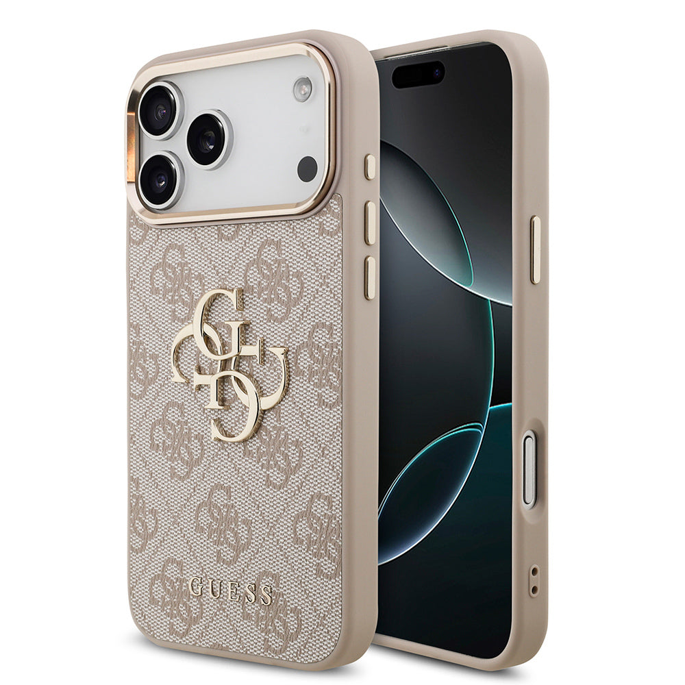 Apple iPhone 17 Pro Max Kılıf Guess Orjinal Lisanslı Gold Metal Kamera Çerçeveli 4G Desenli Metal Büyük 4G ve Yazı Logolu Kapak Pembe