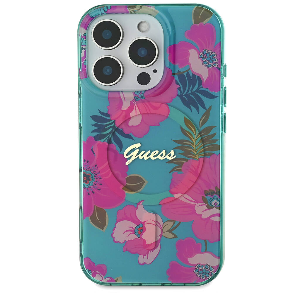 GUESS Orjinal Lisanslı iPhone 16 Pro Orjinal Lisanslı Magsafe Şarj Özellikli Flower Tone On Tone Ring Pembe Kılıf