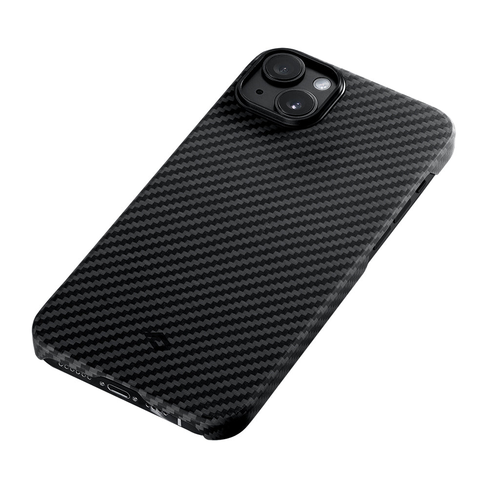 PİTAKA iPhone 15 Plus Magsafe Şarj Özellikli 1500D Aramid Fiber Ultra-Slim Classic Serisi Black-Grey Twill Kılıf
