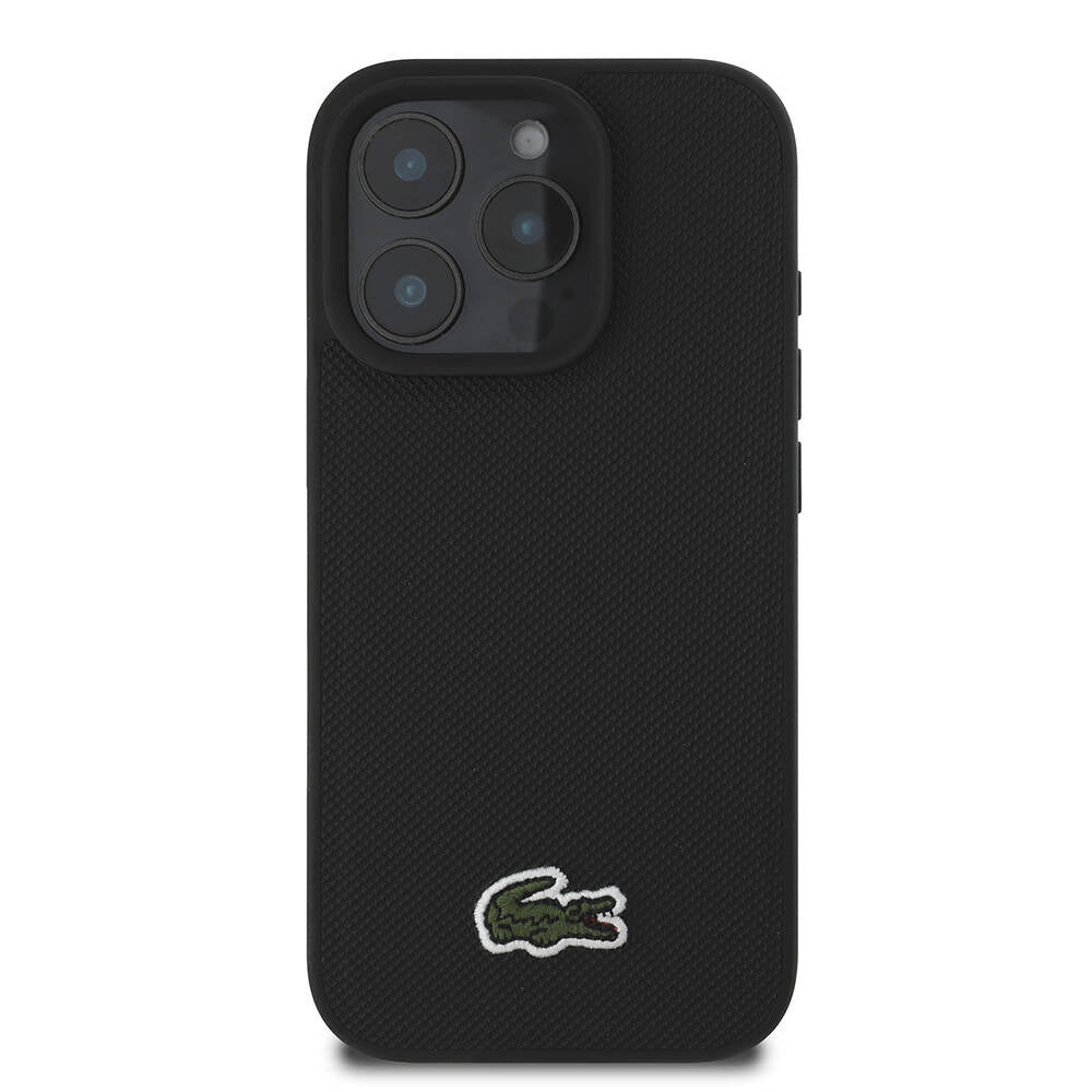 LACOSTE iPhone 16 Pro Orjinal Lisanslı PU Pike Desenli Arka Yüzey İkonik Timsah Dokuma Logolu Siyah Kılıf