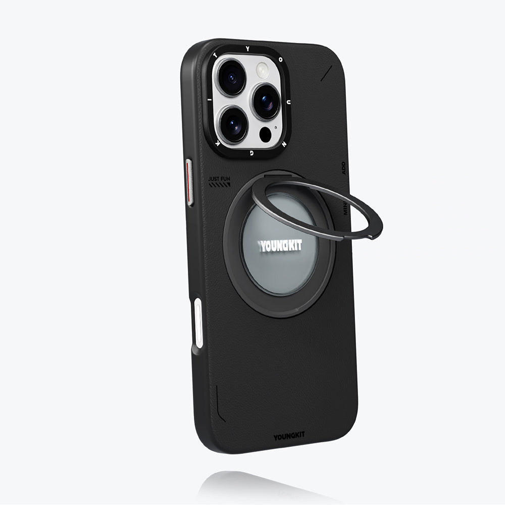 YOUNGKİT iPhone 16 Pro Magsafe Uyumlu 360° Standlı Tech Leather Siyah Kılıf