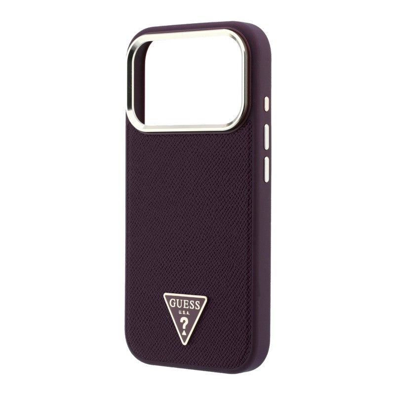 Apple iPhone 18 Pro Kılıf Guess Orjinal Lisanslı M-safe Şarj Özellikli Grained Triangle Kapak Bordo