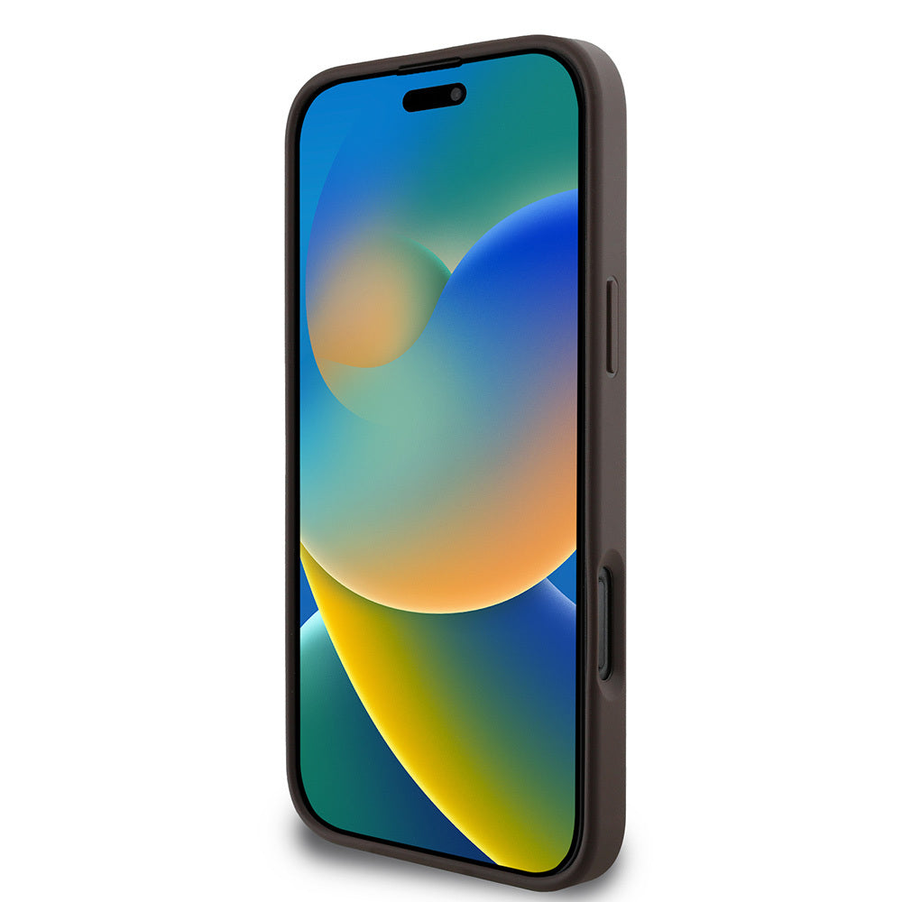 GUESS iPhone 16 Pro Max Orjinal Lisanslı Magsafe Şarj Özellikli PU Deri Şerit Logo Dizaynlı Kahverengi Kılıf