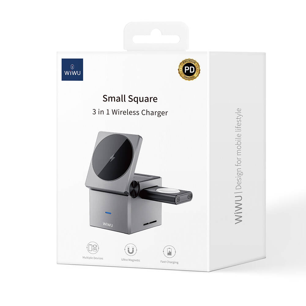 WİWU Wi-W030 Small Square Küp Tasarımlı Telefon & Akıllı Saat & Kulaklık İçin 15W 3in1 Kablosuz Şarj Standı