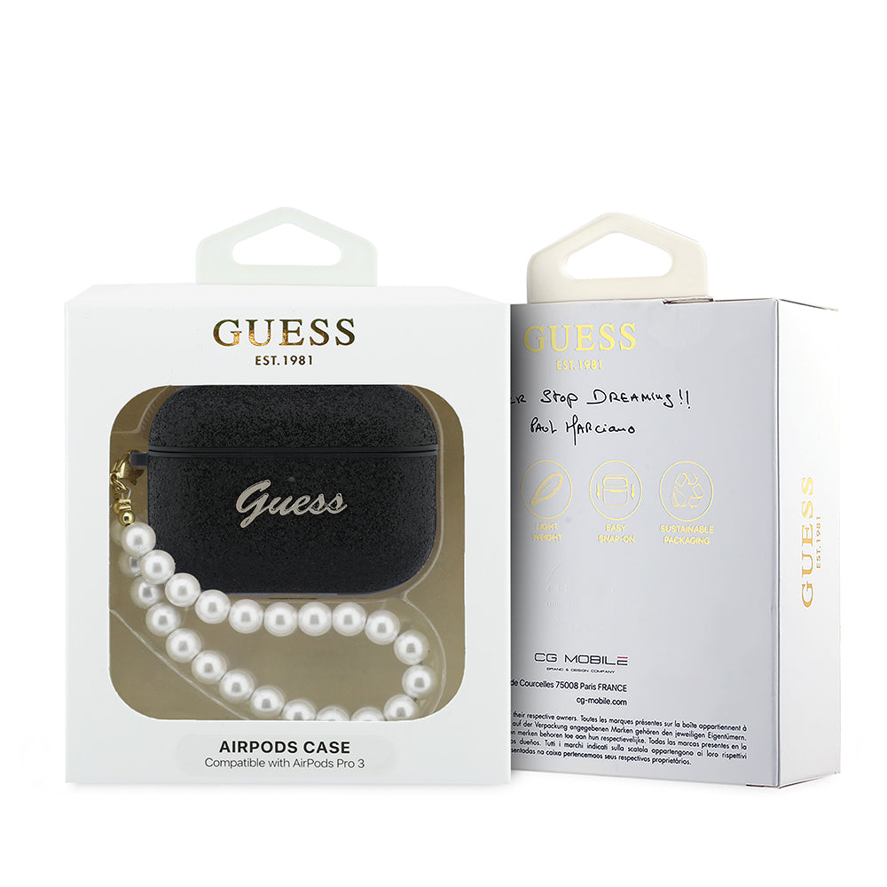 Apple Airpods Pro 3 Kılıf Guess Glitter İnci Bilek Askılı Kapak Siyah